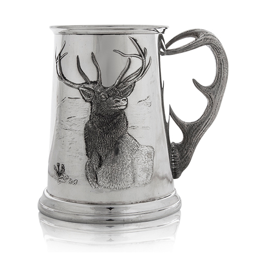 A E Williams Pewter Stag Tankard with Antler Handle
